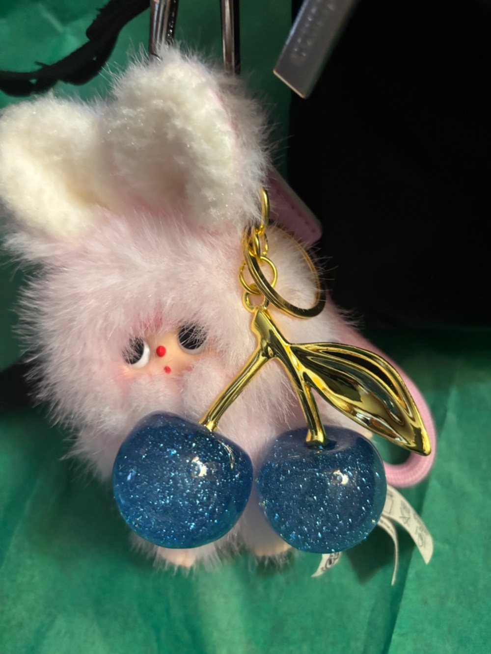 Gold-Tone Blue Glitter Cherry Keychain - Women Jewelry